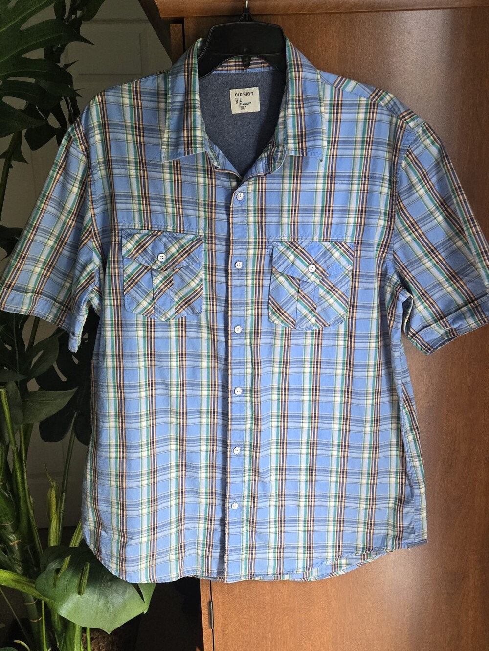 Old Navy Blue Plaid Short-Sleeve Button-Down Shirt